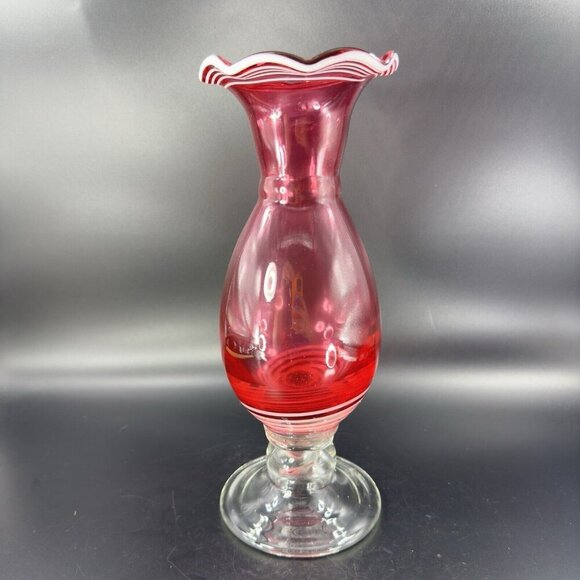 Art Glass Vase Cranberry With White Lines Footed Clear Bottom Glass Ruffled Top - Picture 10 of 12